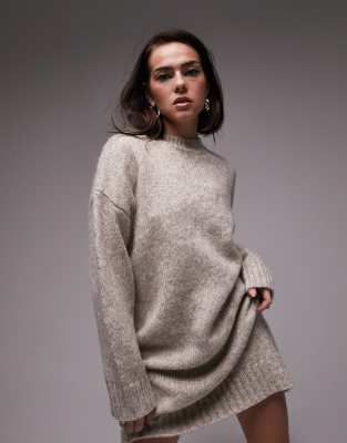 Topshop knitted crew neck mini jumper dress in mink-Neutral