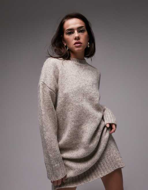 Topshop knitted crew neck mini jumper dress in mink | ASOS