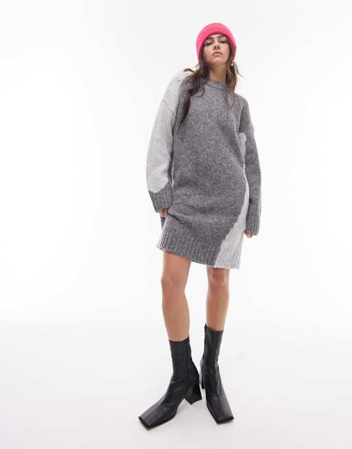 Topshop knitted crew neck mini sweater dress in gray abstract print