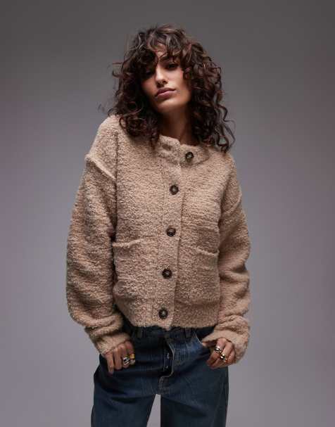 Topshop knitted crew teddy cardigan with pockets in camel - view 1