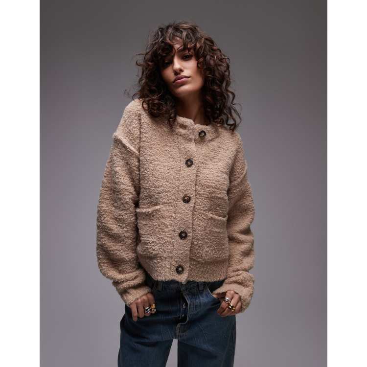 Topshop knitted crew teddy cardigan with pockets in camel ASOS
