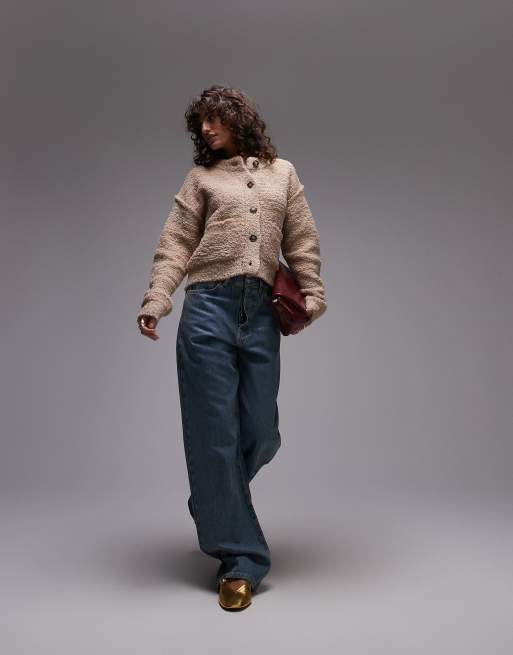 Topshop knitted crew teddy cardigan with pockets in camel