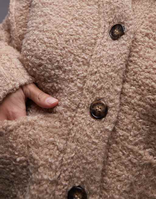 Topshop knitted crew teddy cardigan with pockets in camel