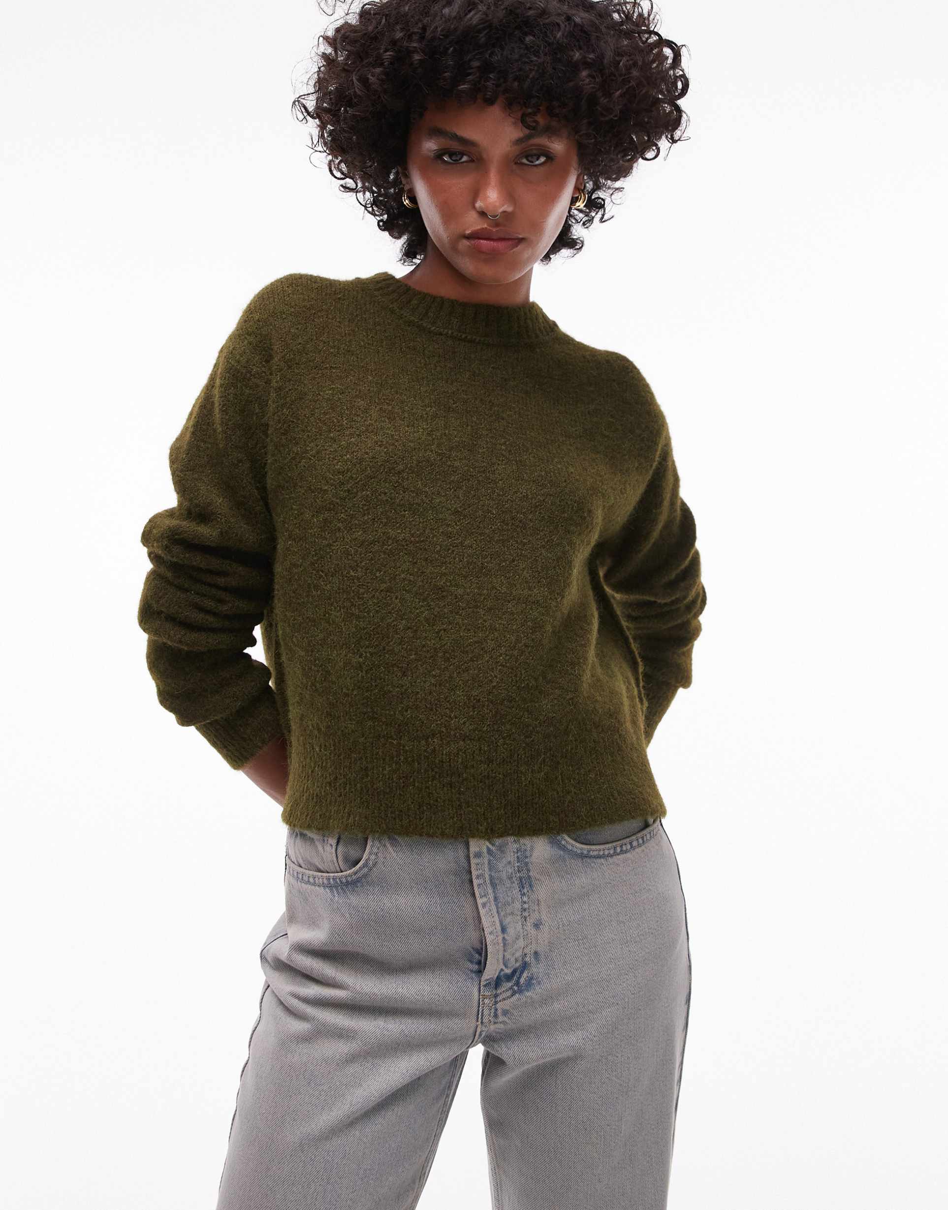 topshop knitted crew with exposed seams sweater in khaki