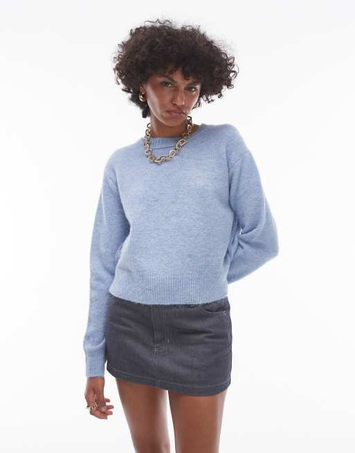 Topshop knitted crew with exposed seams sweater in light blue