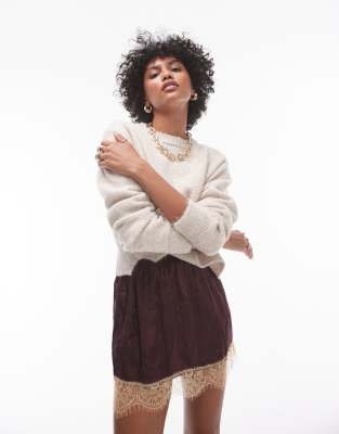 knitted crew with exposed seams sweater in stone-Neutral