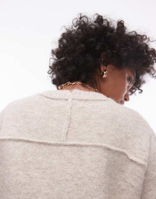 Topshop knitted crew jumper with exposed seams in stone 