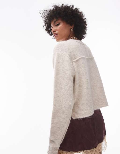 Topshop knitted crew jumper with exposed seams in stone 