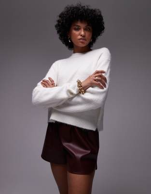 Topshop Topshop knitted crew with raglan and exposed seam jumper in ivory-White