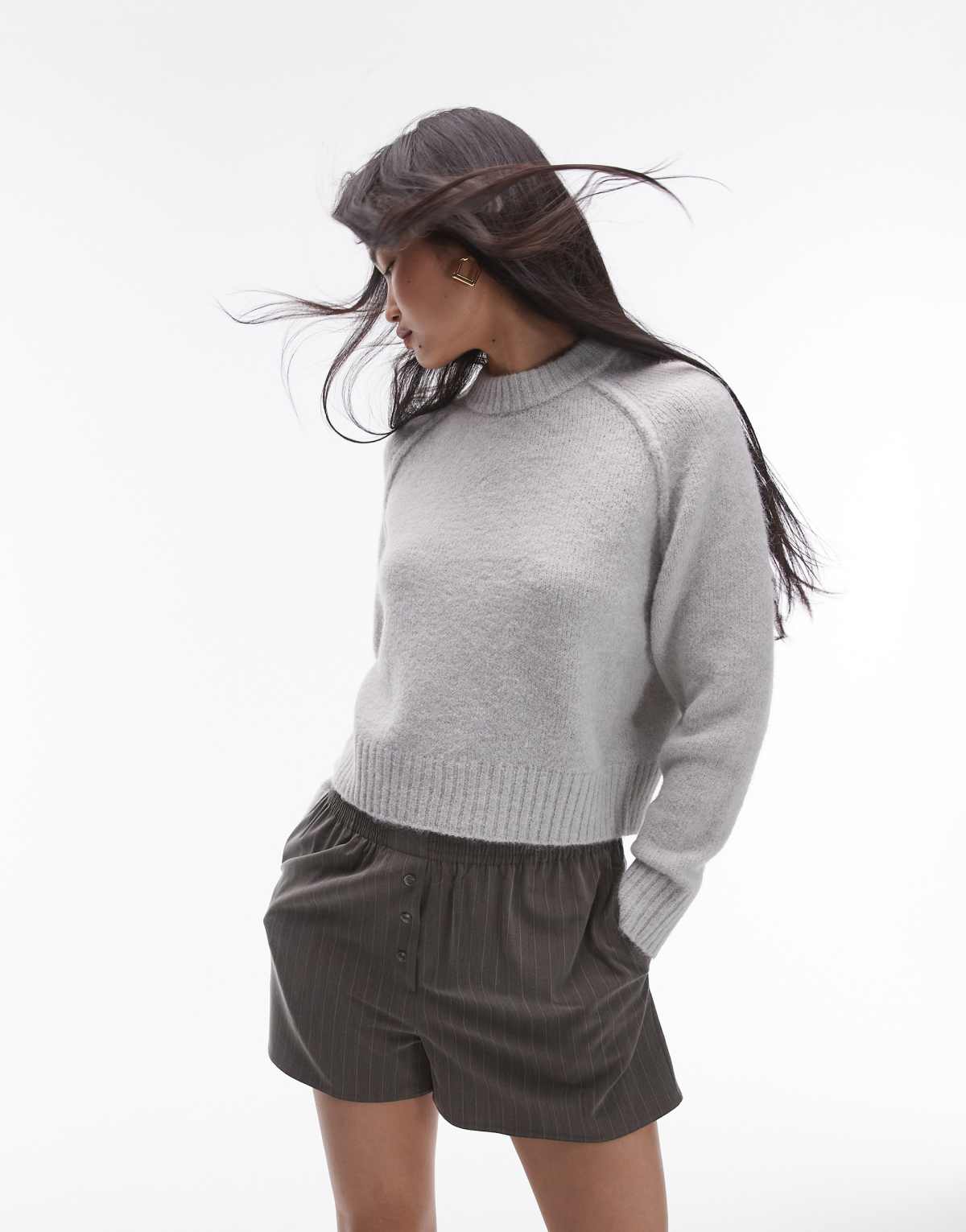 Topshop knitted crew with raglan and exposed seam jumper in light grey