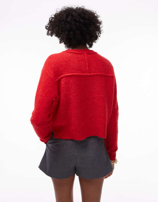 Topshop knitted crew with raglan and exposed seam jumper in red
