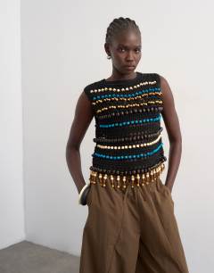 Knitted crochet beaded tank in black