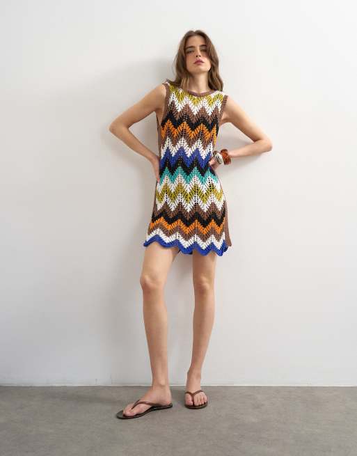 Topshop knitted crochet chevron mini dress in multi, 3 of 4