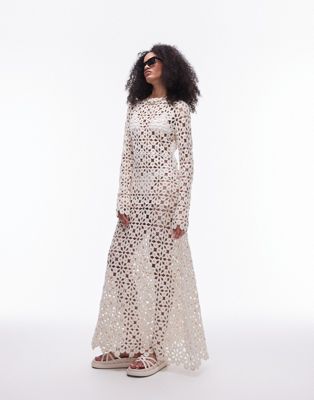 Topshop knitted crochet long sleeve maxi dress in cream