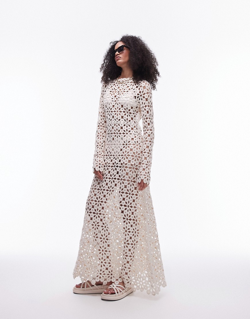 Topshop knitted crochet long sleeve maxi dress in cream-White