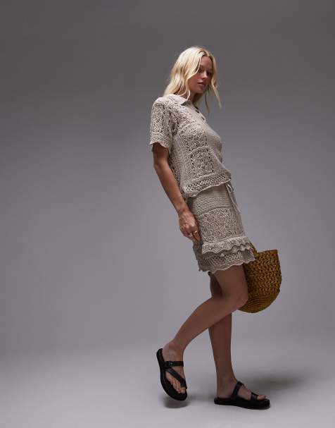 Topshop knitted crochet look mini skirt co-ord in ecru - view 1