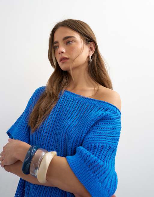 Topshop knitted crochet off the shoulder drape top in blue, 2 of 4