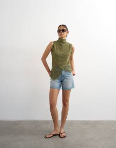Model wearing Knitted crochet shape top in khaki green