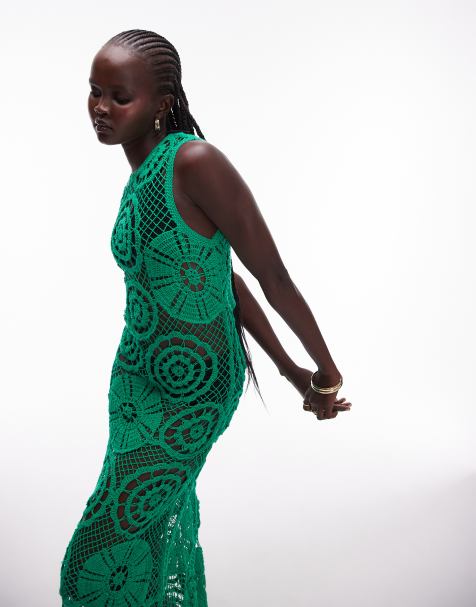 Topshop knitted crochet sleeveless midi dress in green - view 1