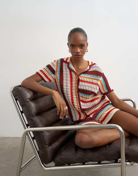 Topshop knitted crochet stripe co-ord shirt in burgundy - view 1