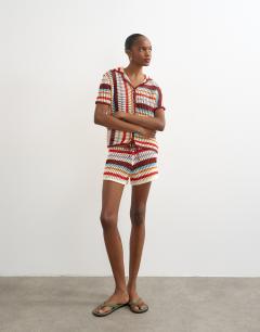 Model wearing Knitted crochet stripe co-ord shirt in burgundy