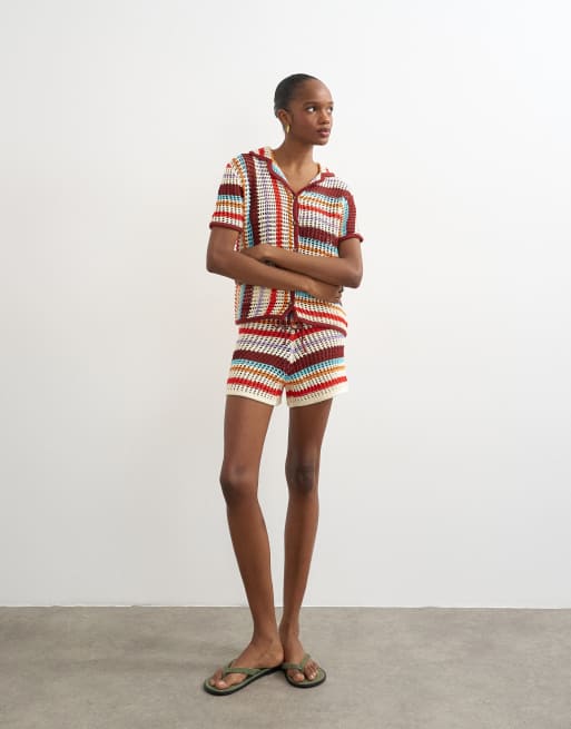 Topshop knitted crochet stripe co-ord shirt in burgundy, 2 of 4