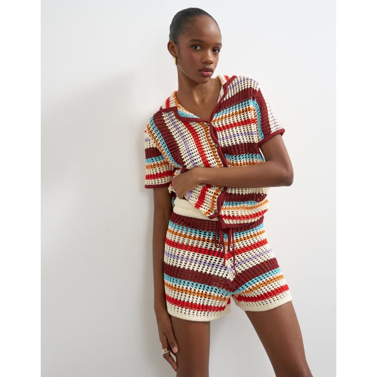 Topshop knitted crochet stripe co-ord short in burgundy | ASOS