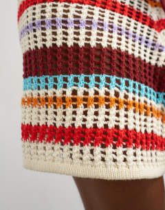 Model wearing Knitted crochet stripe co-ord short in burgundy