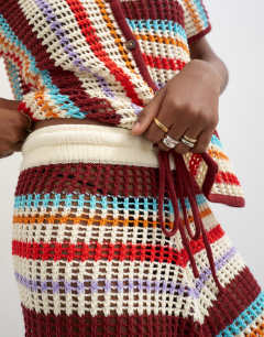 Model wearing Knitted crochet stripe co-ord short in burgundy