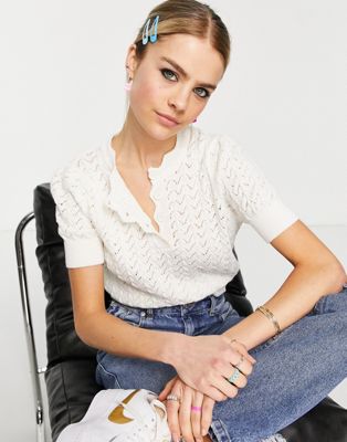 Topshop knitted crochet tee in cream
