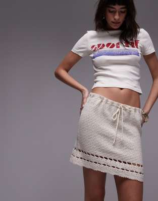 topshop knitted crochet trim mini skirt in stone