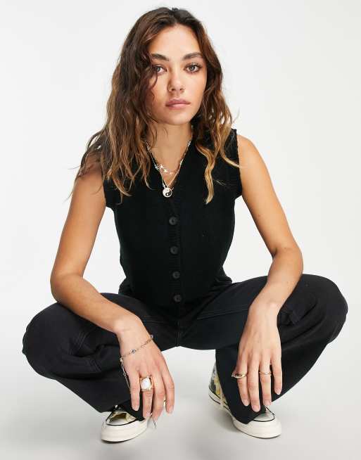 Topshop knitted crop button front singlet in black