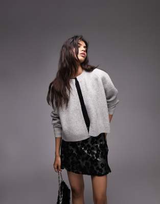 Topshop knitted crop crew neck cardi in grey