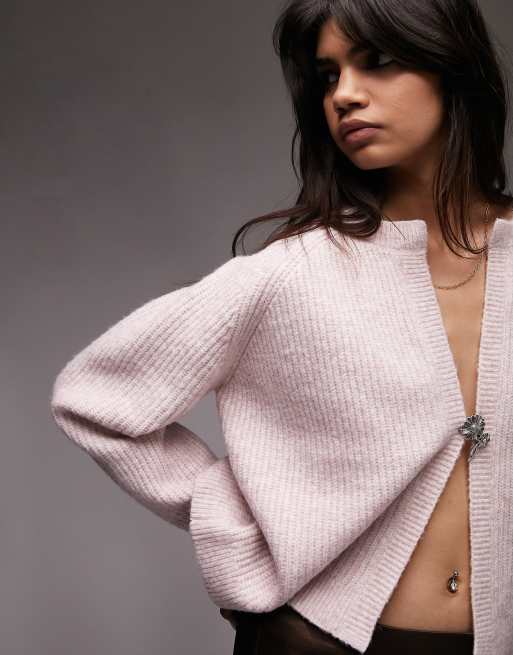 Topshop knitted crop crew neck cardi in pink