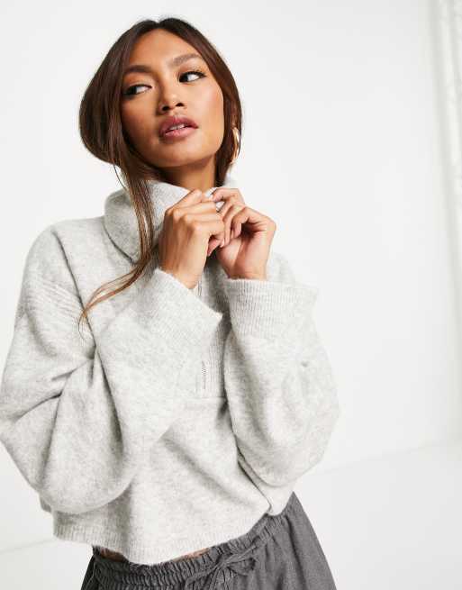 Topshop knitted crop jumper with zip up funnel