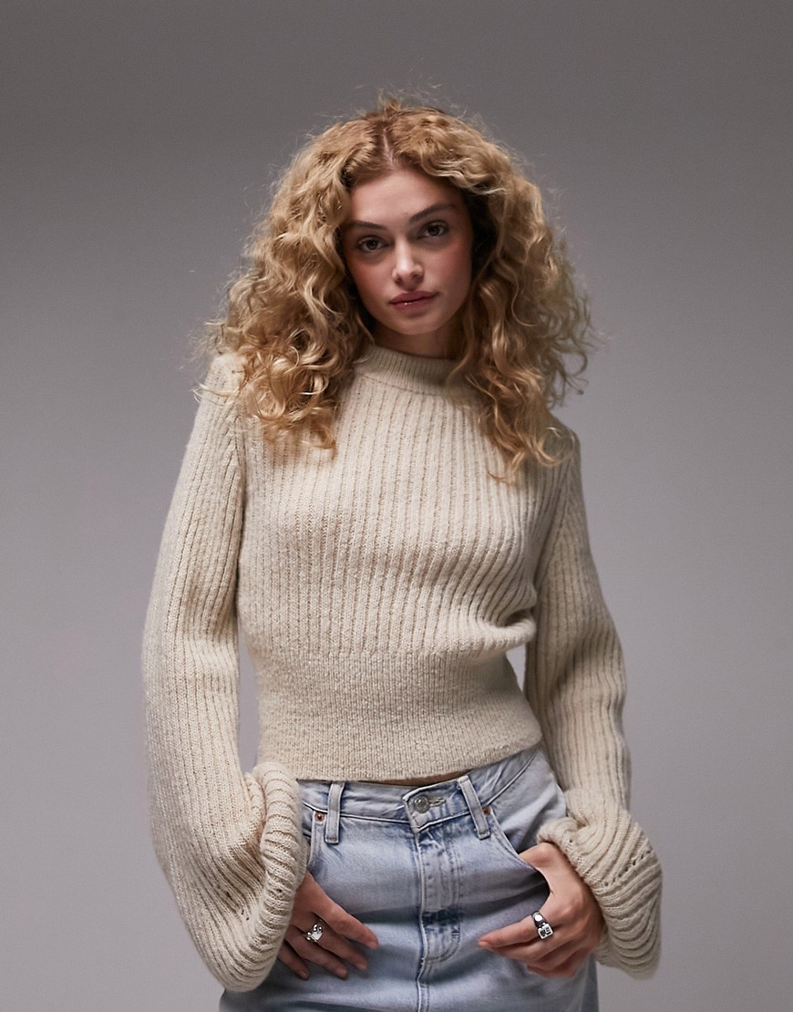 Topshop knitted crop ovoid sleeve jumper in oat-White