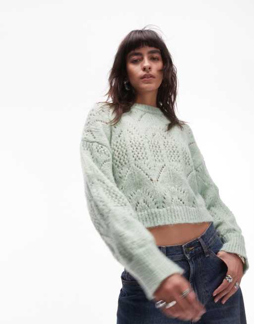Topshop knitted crop pointelle jumper in light green