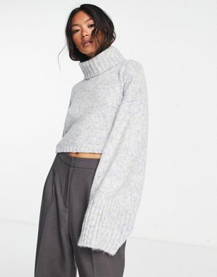 Topshop knitted crop roll neck jumper in blue marl