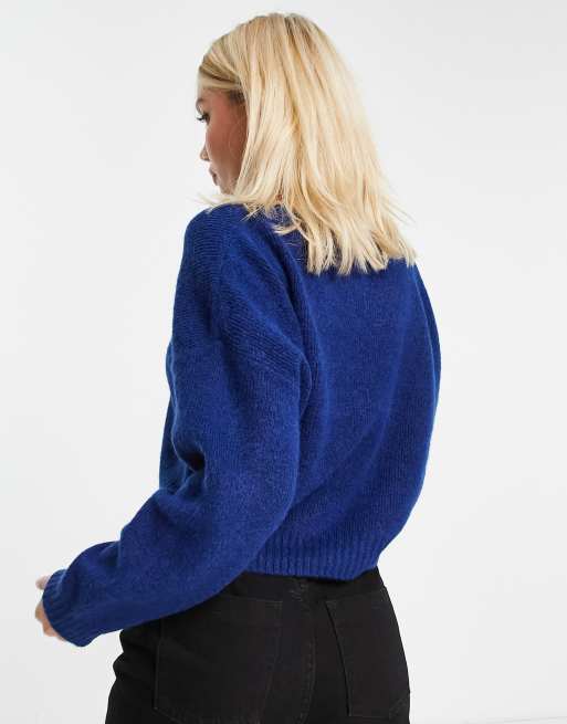 Topshop knitted crop v neck jumper in blue ASOS