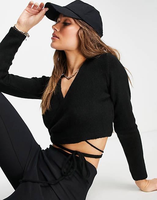 Jumpers & Cardigans Topshop knitted crop wrap cardi in black 