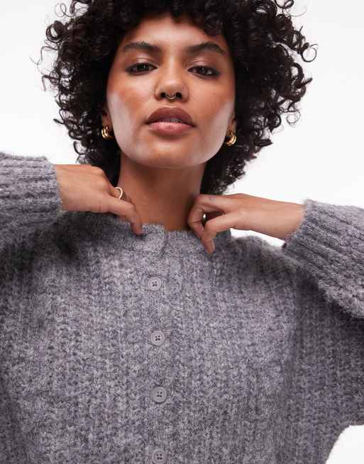 Topshop knitted cropped fluffy cable cardi in grey ASOS