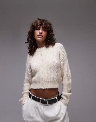 Topshop Topshop knitted cropped fluffy cable cardigan in cream-White