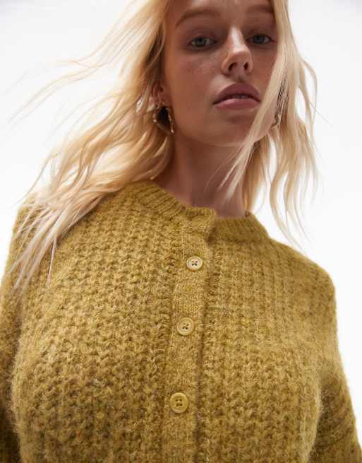 Topshop knitted cropped fluffy cable cardigan in green