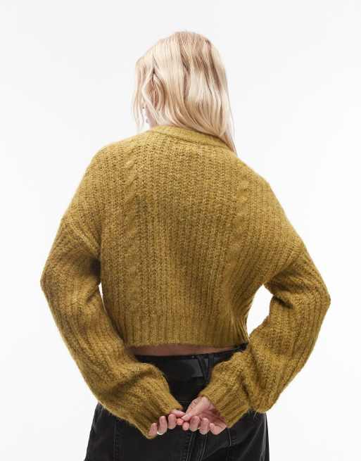 Topshop knitted cropped fluffy cable cardigan in green