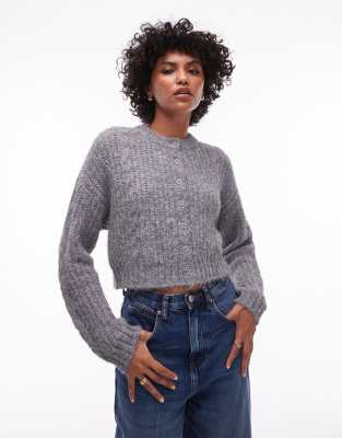 Topshop Topshop knitted cropped fluffy cable cardigan in grey