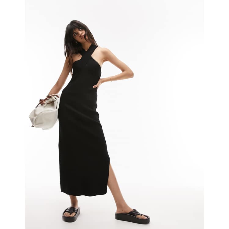 Topshop knitted cross front midi dress in black