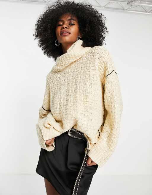 Topshop knitted cross hatch stitch roll neck jumper in cream