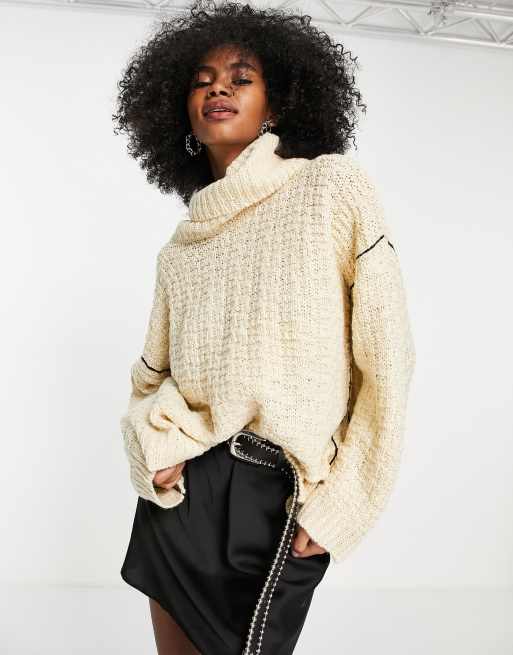 Topshop knitted cross hatch stitch roll neck jumper in cream | ASOS