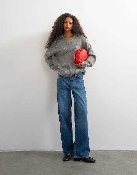 Topshop knitted curved hem collared polo jumper with wool in charcoal - view 1