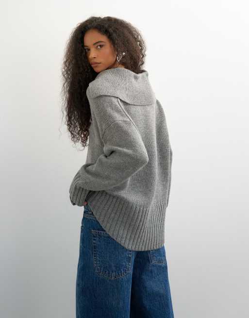 Topshop knitted curved hem collared polo jumper with wool in charcoal, 4 of 4